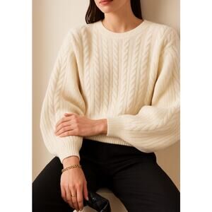 Skull Cashmere Cableknit Sweater Ribbed Crew Neck Merino Wool Size Large Cream